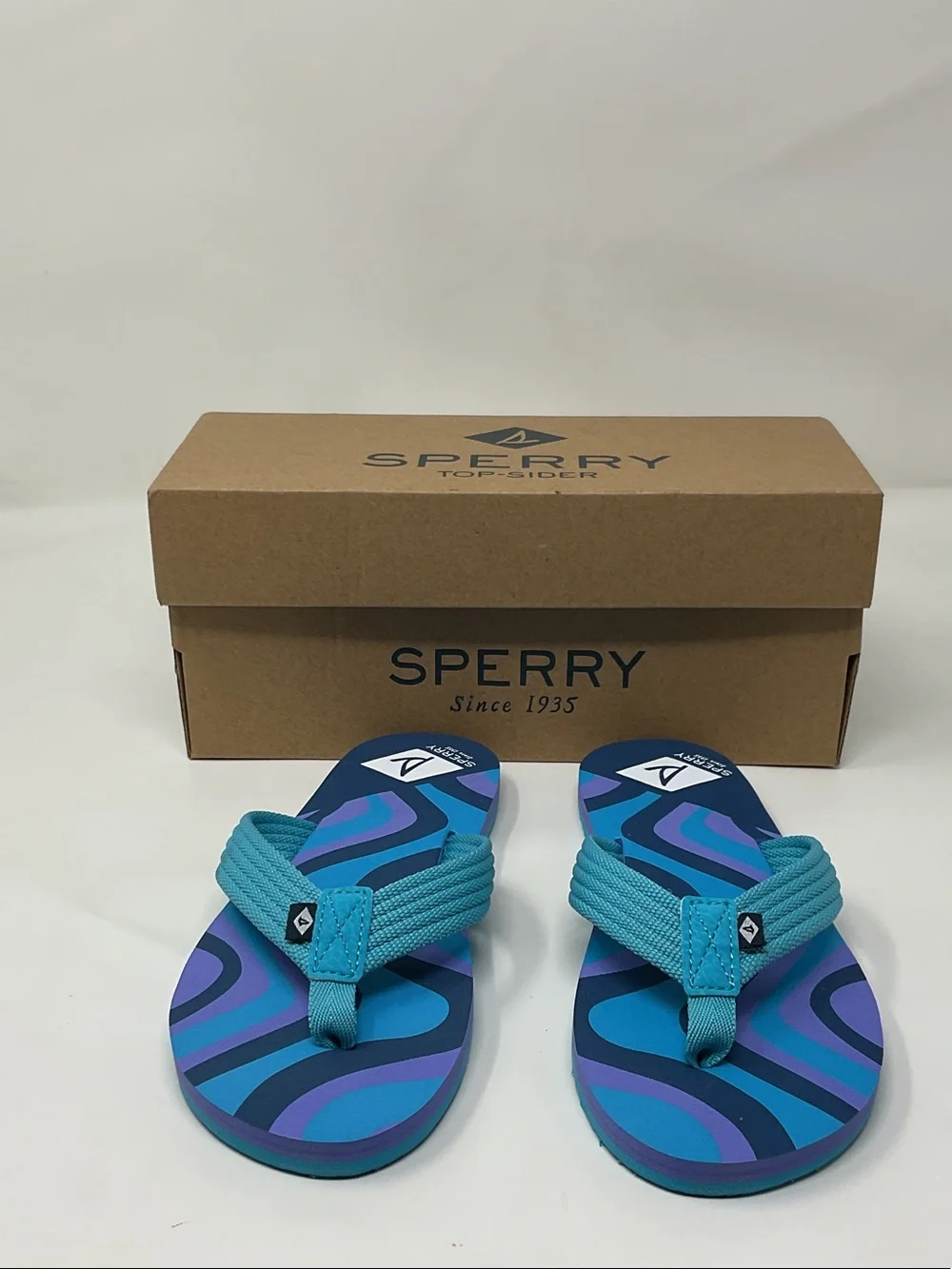 Sperry Thong Sandals Teal, Blue & Purple Girls size 1 Wave Print flip flops